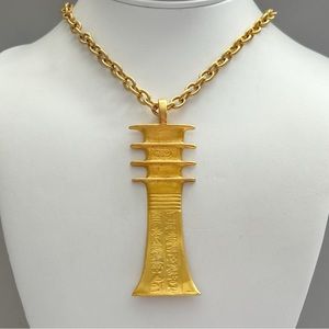 Vintage New Kenneth Jay Lane Gold King Tut Gold Djed Pillar Pendant Necklace